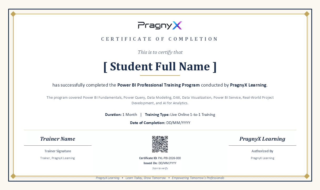Certificate of completion for Sam Sudhakar P — Power BI Professional Training Program